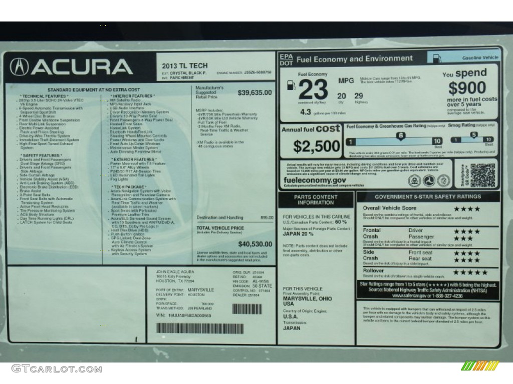 2013 Acura TL Technology Window Sticker Photo #71594616