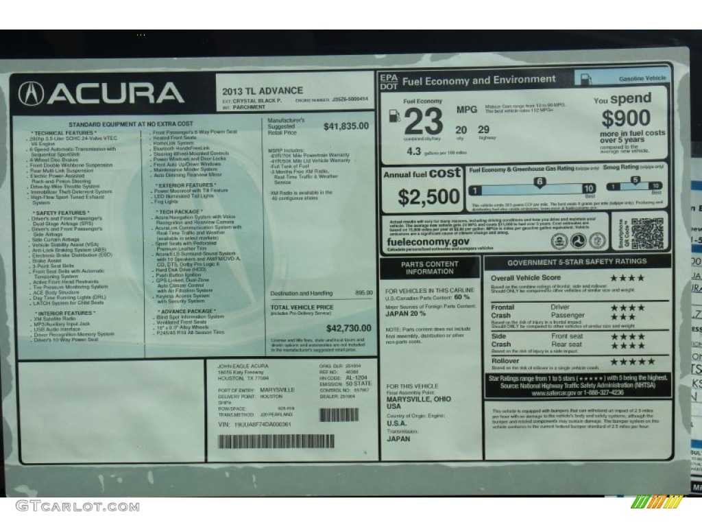 2013 Acura TL Advance Window Sticker Photo #71595102