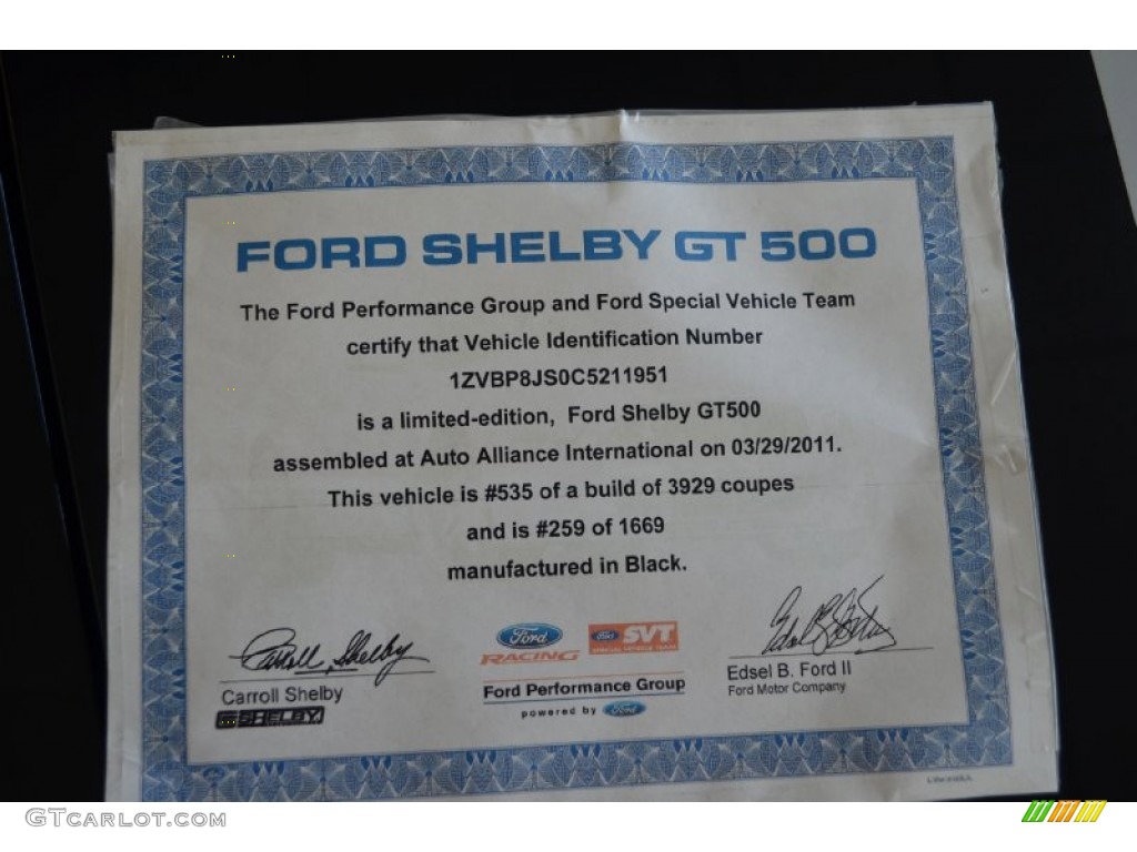 2012 Ford Mustang Shelby GT500 Coupe Info Tag Photo #71619129