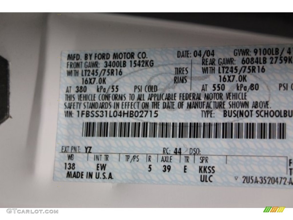 2004 E Series Van Color Code YZ for Oxford White Photo #71621587