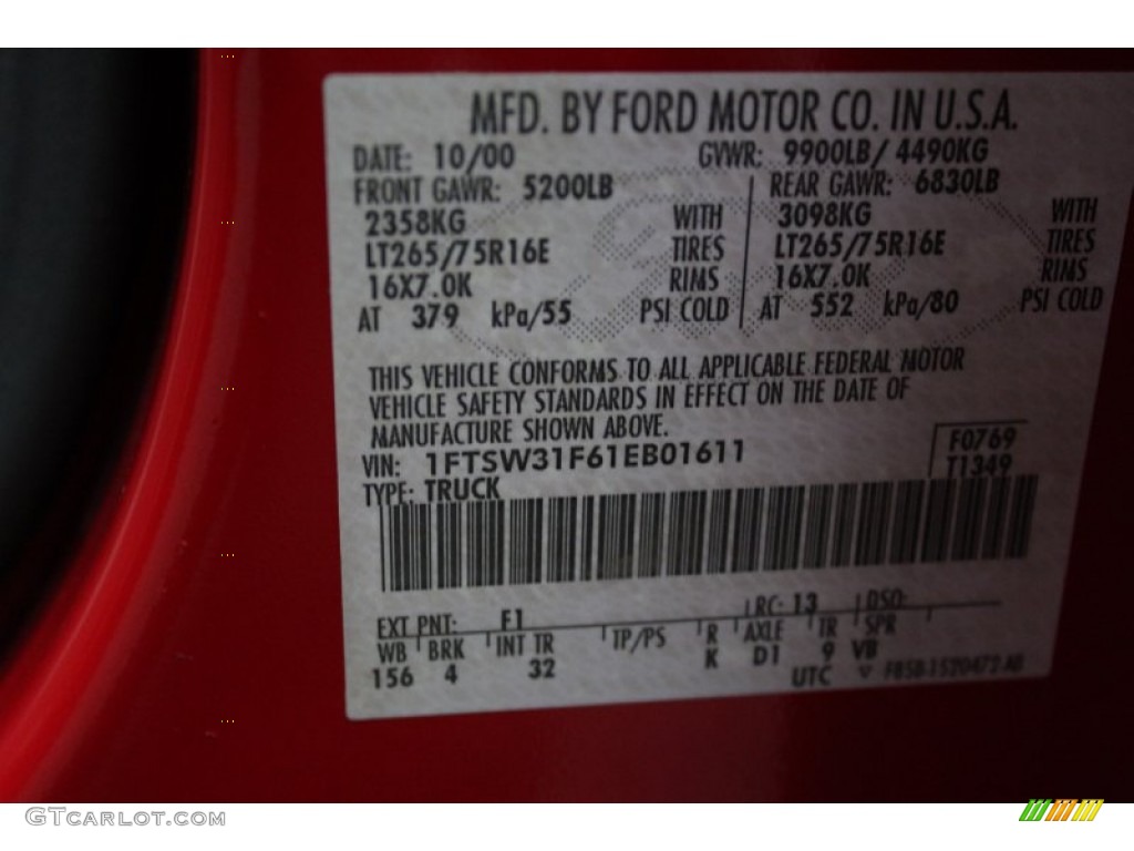2001 F350 Super Duty Color Code F1 for Red Photo #71622187