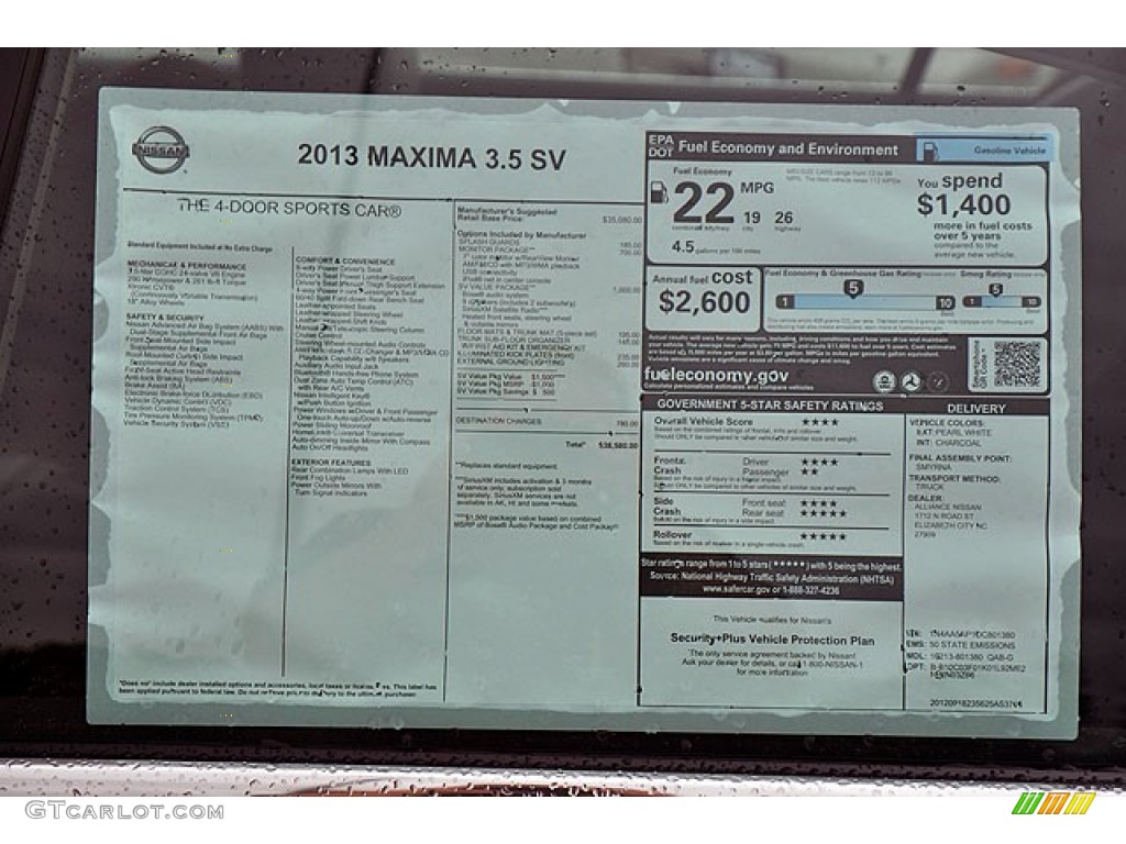 2013 Nissan Maxima 3.5 SV Window Sticker Photo #71635098