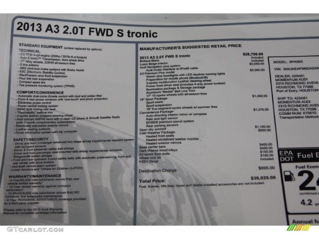 2013 Audi A3 2.0 TFSI Window Sticker Photo #71643305