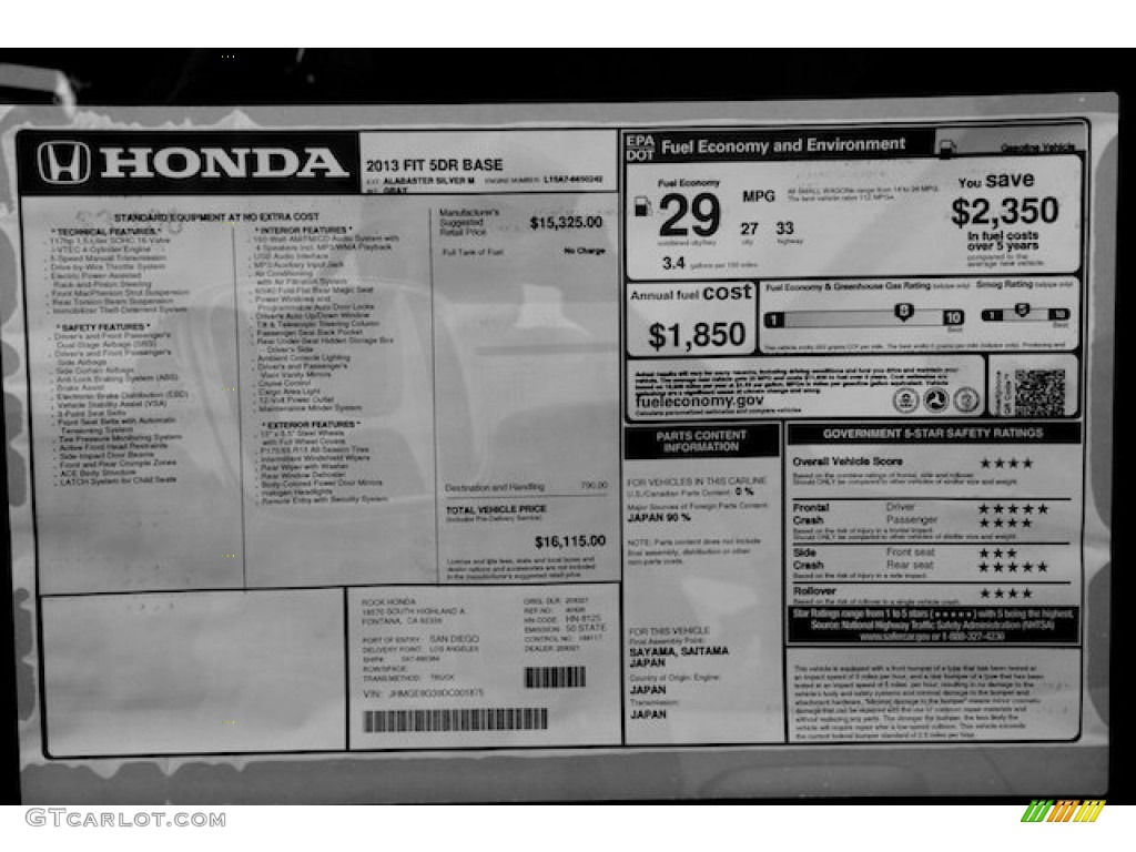 2013 Honda Fit Standard Fit Model Window Sticker Photo #71663200