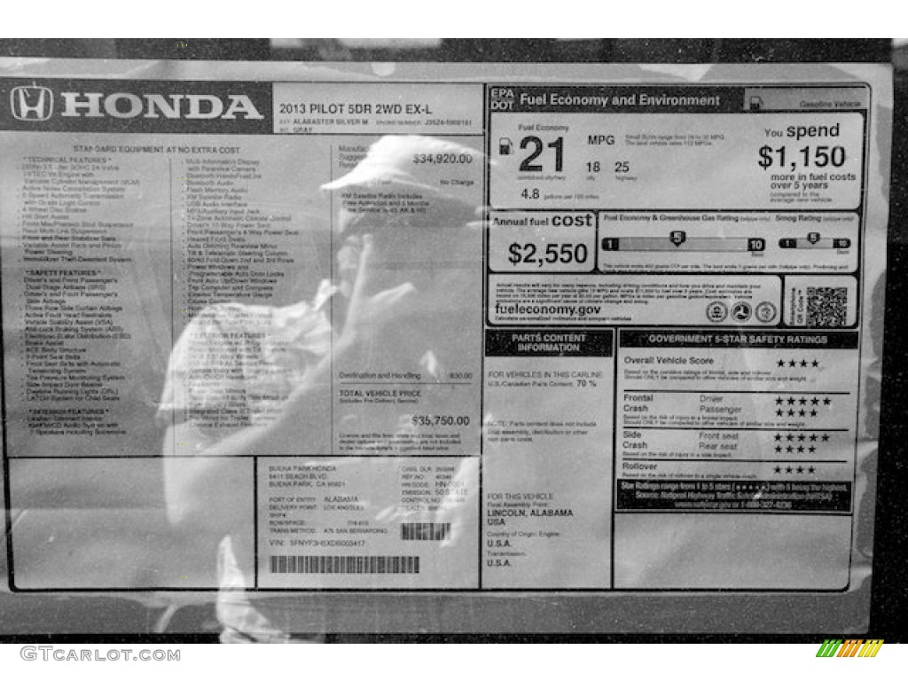 2013 Honda Pilot EX-L Window Sticker Photo #71663596