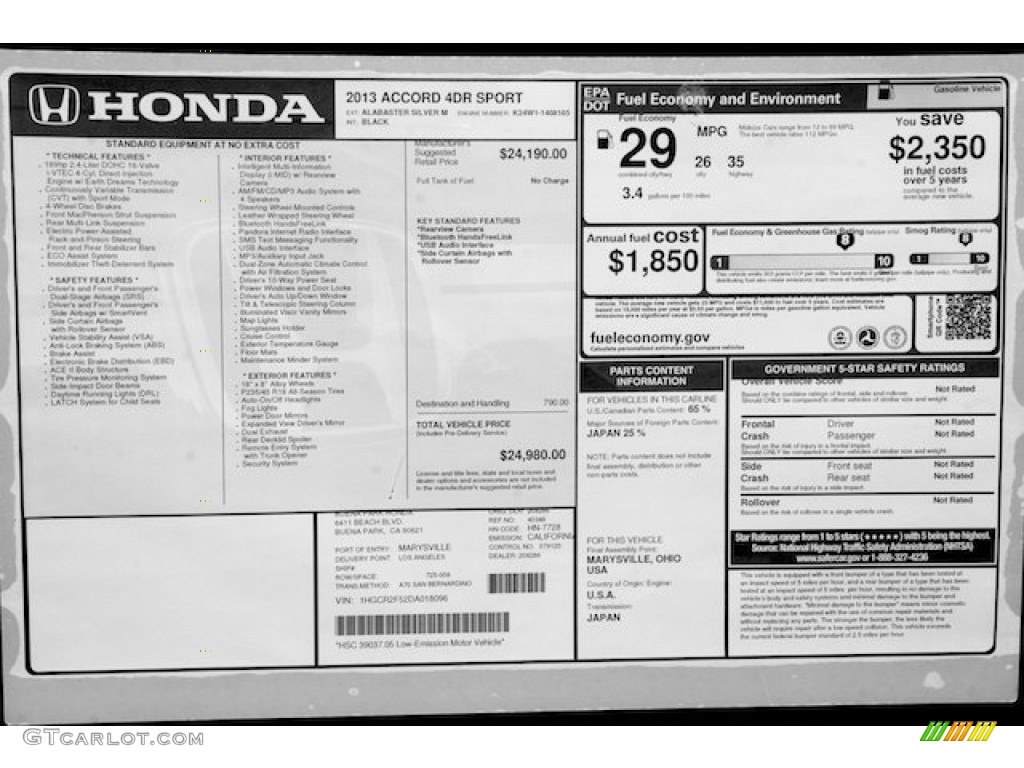 2013 Honda Accord Sport Sedan Window Sticker Photo #71664136