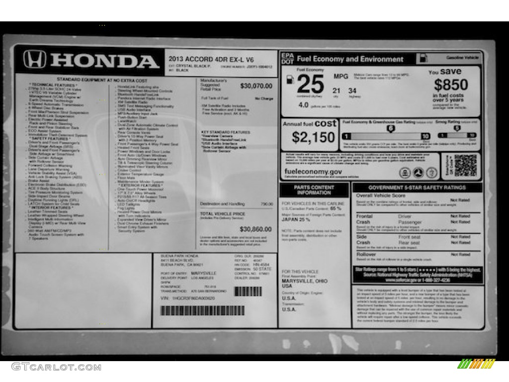 2013 Honda Accord EX-L V6 Sedan Window Sticker Photo #71665168