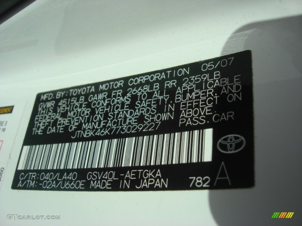 2007 Camry Color Code 040 for Super White Photo #71675047