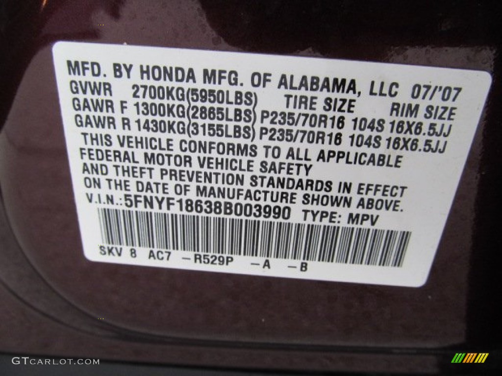 2008 Pilot Color Code R529P for Dark Cherry Pearl Photo #71679484