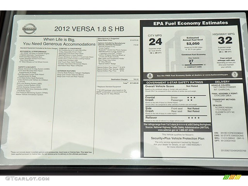 2012 Nissan Versa 1.8 S Hatchback Window Sticker Photo #71689942