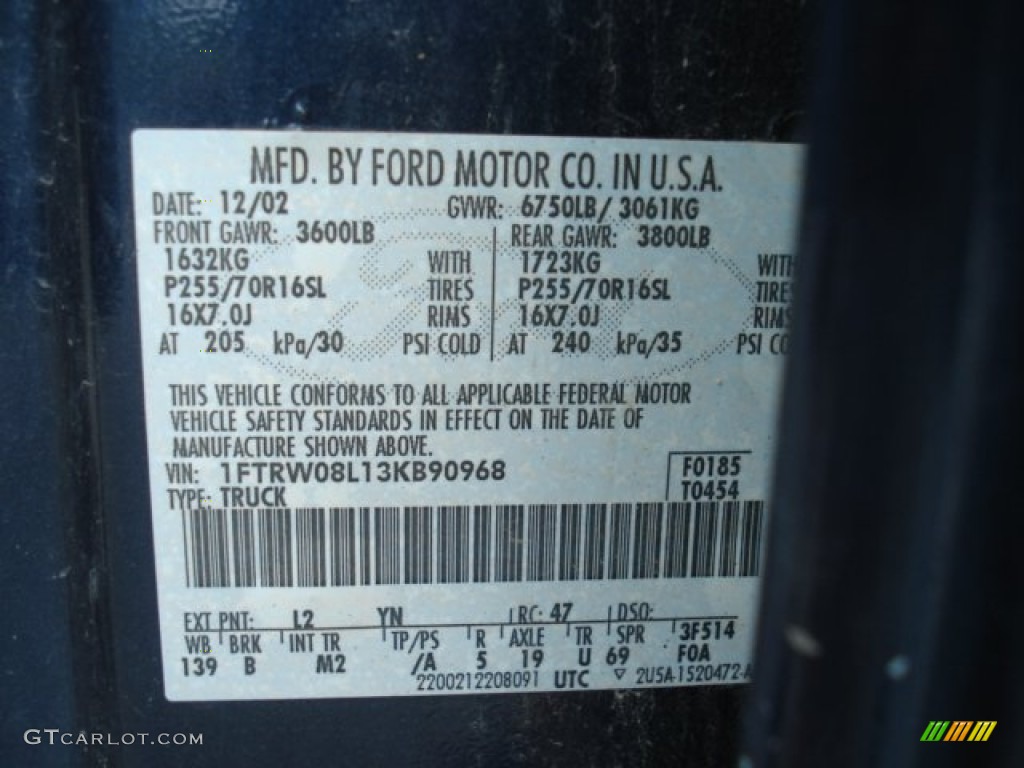 2003 F150 Color Code L2 for True Blue Metallic Photo #71690959