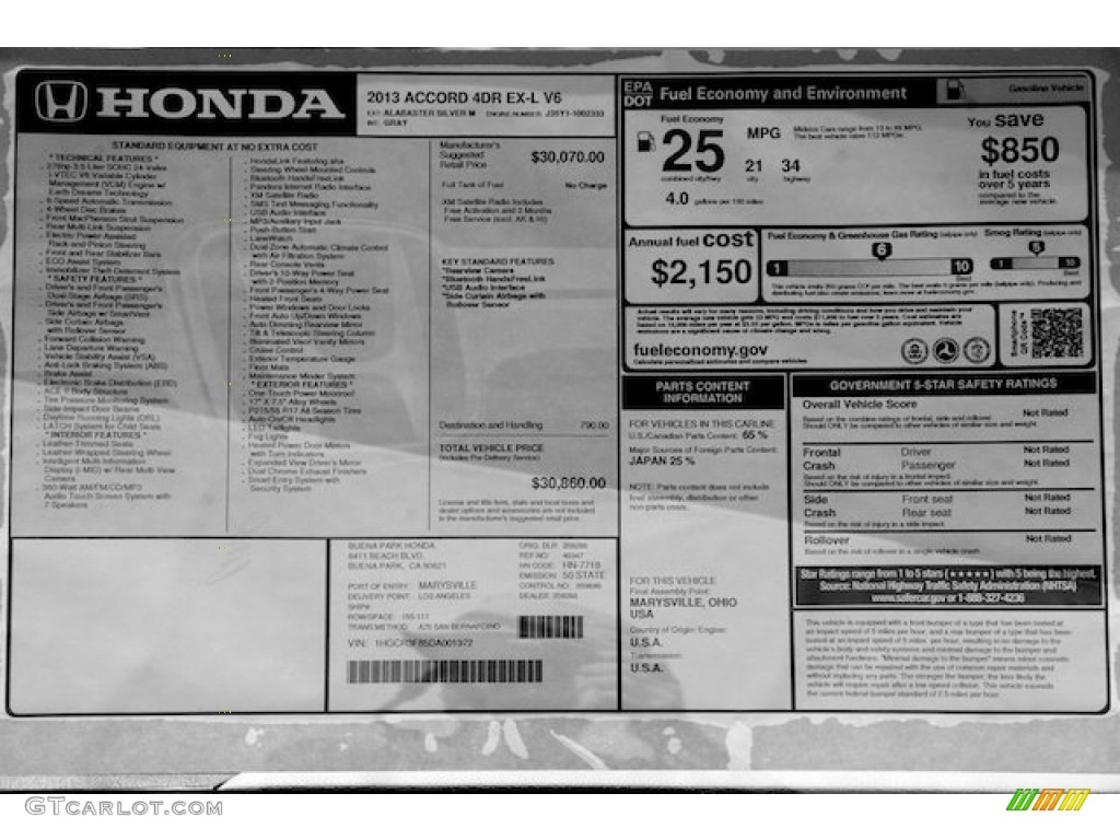 2013 Honda Accord EX-L V6 Sedan Window Sticker Photo #71693056