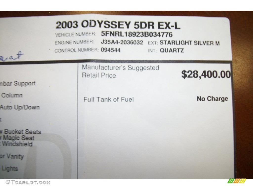 2003 Honda Odyssey EX-L Window Sticker Photo #71699260
