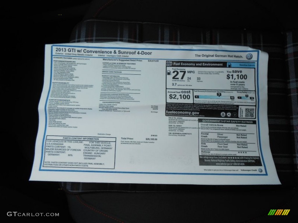 2013 Volkswagen GTI 4 Door Window Sticker Photo #71710667