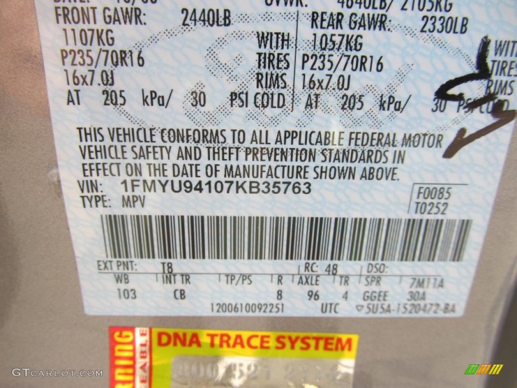 2007 Ford Escape Limited 4WD Color Code Photos