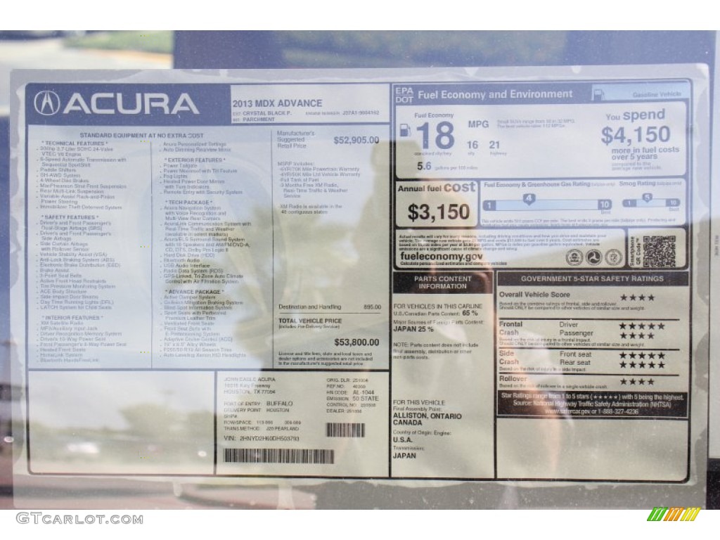 2013 Acura MDX SH-AWD Advance Window Sticker Photos