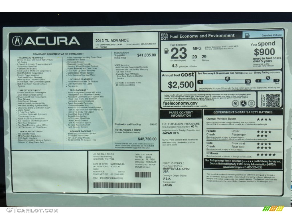 2013 Acura TL Advance Window Sticker Photo #71727302