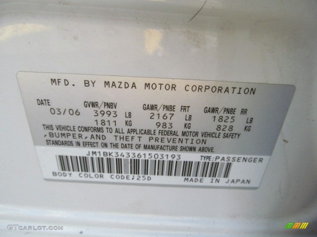 2006 MAZDA3 Color Code 25D for Whitewater Pearl Mica Photo #71734781