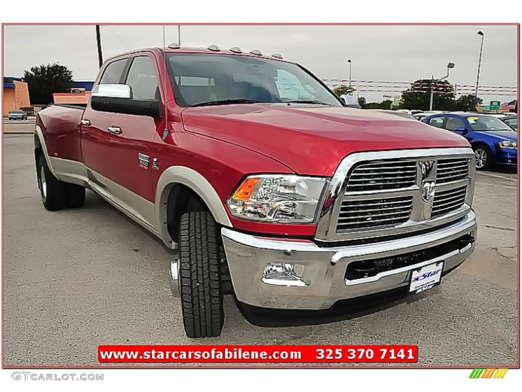 2010 Ram 3500 Laramie Crew Cab 4x4 Dually - Inferno Red Crystal Pearl / Light Pebble Beige/Bark Brown photo #11