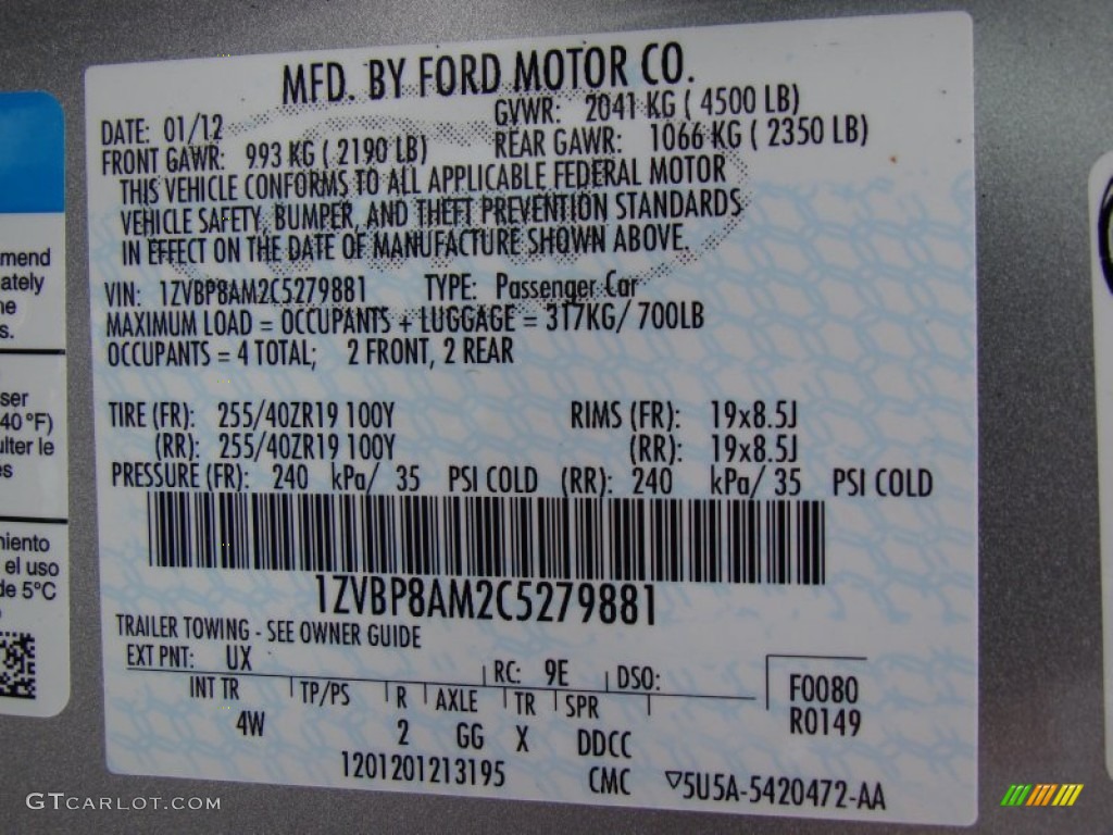2012 Mustang Color Code UX for Ingot Silver Metallic Photo #71765451