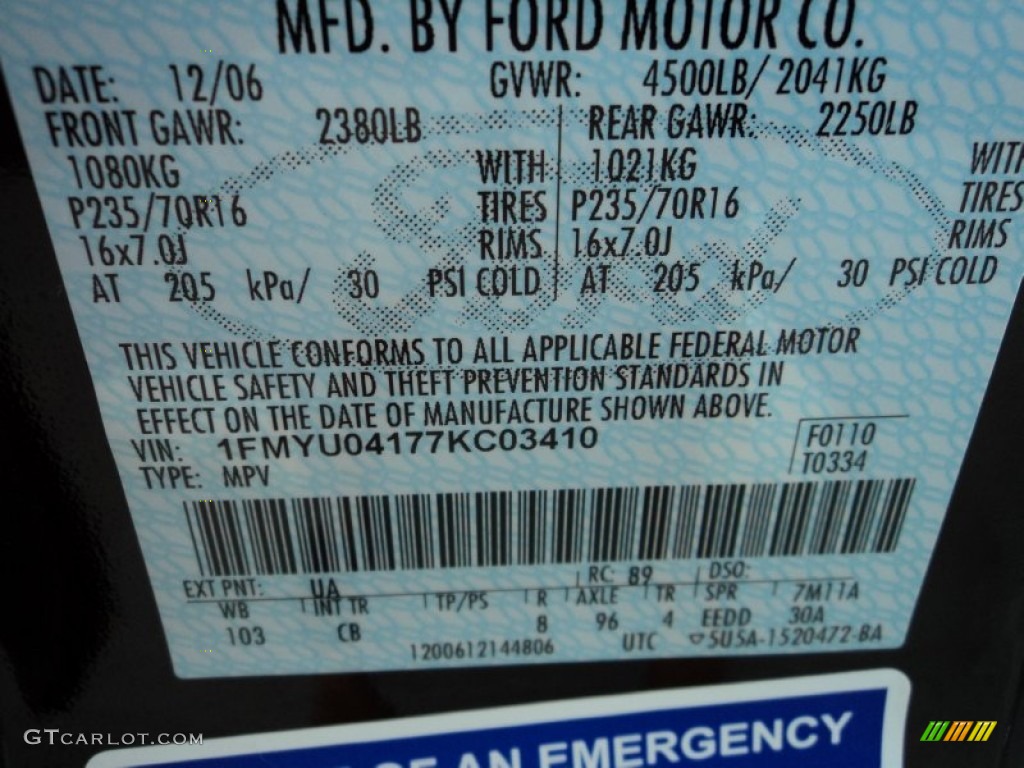 2007 Ford Escape Limited Color Code Photos