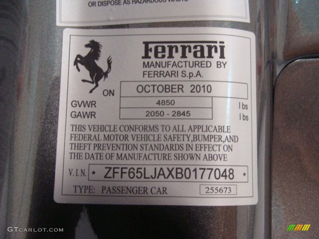 2011 Ferrari California Standard California Model Info Tag Photo #71795437