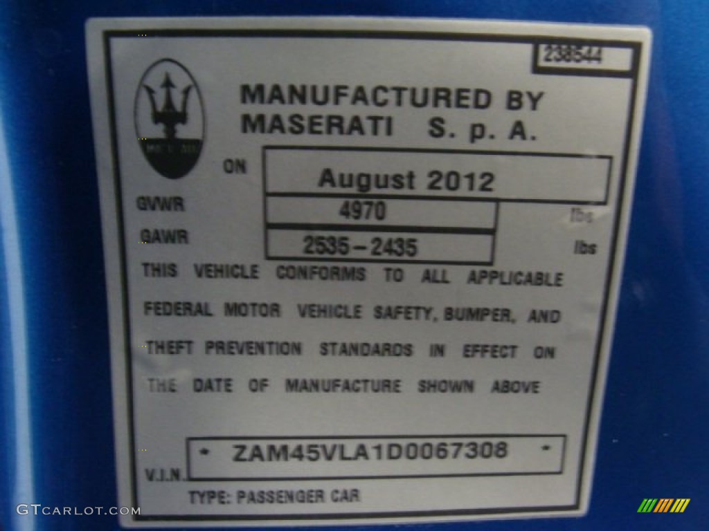 2013 Maserati GranTurismo Sport Coupe Info Tag Photo #71796292