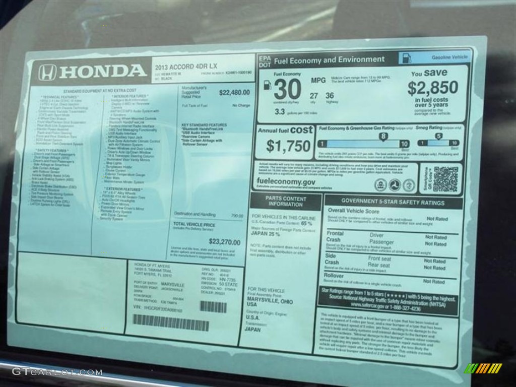 2013 Honda Accord LX Sedan Window Sticker Photo #71804292