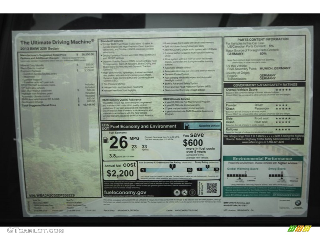 2013 BMW 3 Series 328i Sedan Window Sticker Photo #71817864