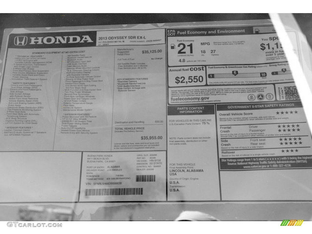 2013 Honda Odyssey EX-L Window Sticker Photo #71872725