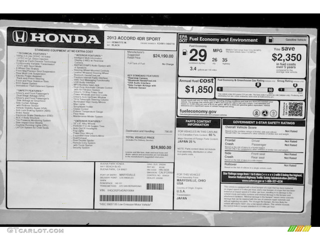 2013 Honda Accord Sport Sedan Window Sticker Photo #71876958
