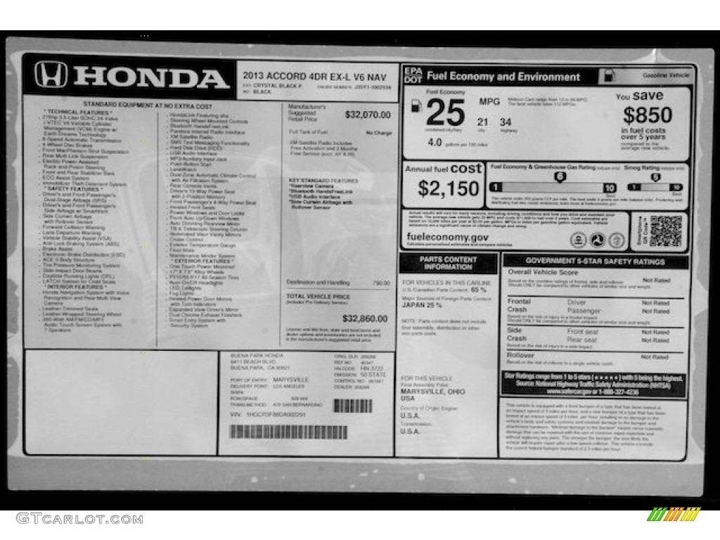 2013 Honda Accord EX-L V6 Sedan Window Sticker Photo #71877870