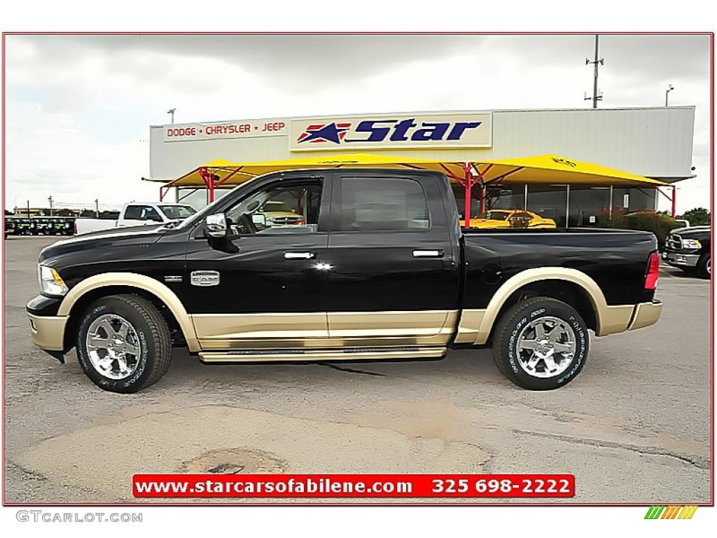 2012 Ram 1500 Laramie Longhorn Crew Cab 4x4 - Black / Light Pebble Beige/Bark Brown photo #2