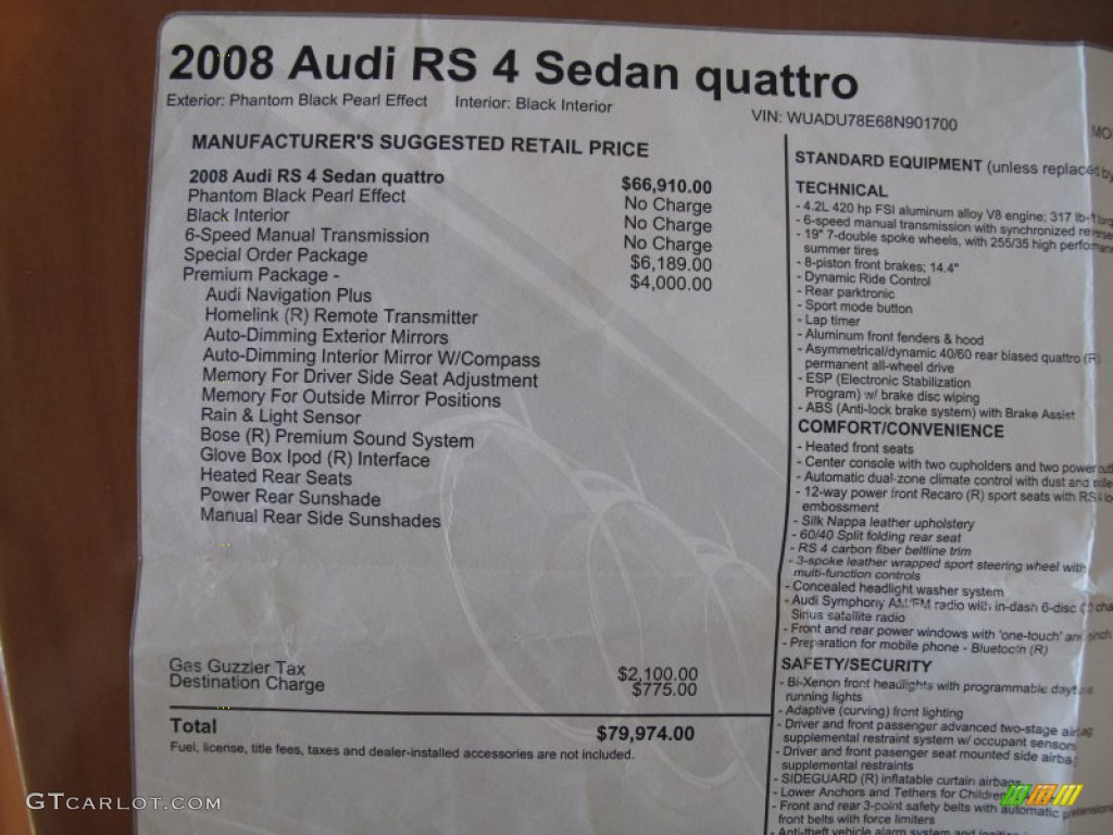 2008 Audi RS4 4.2 quattro Sedan Window Sticker Photo #71909301
