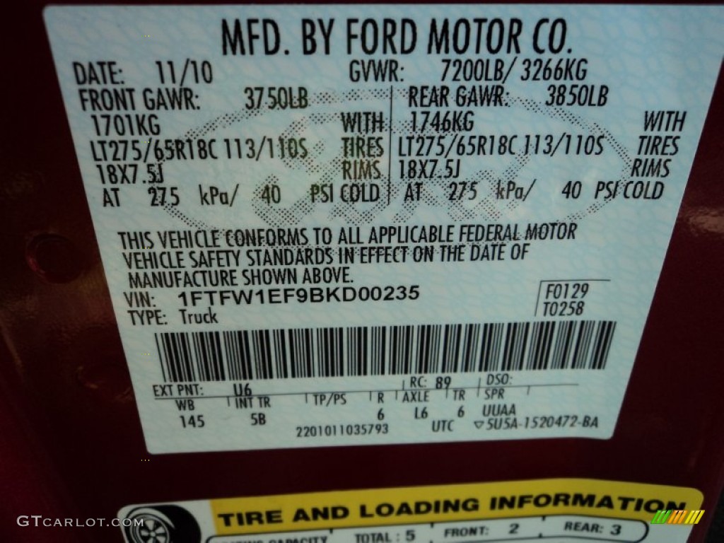 2011 F150 Color Code U6 for Red Candy Metallic Photo #71928311