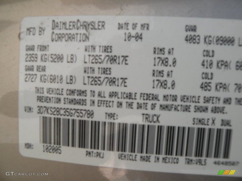 2005 Ram 2500 Color Code PKJ for Light Almond Pearl Metallic Photo #71930412