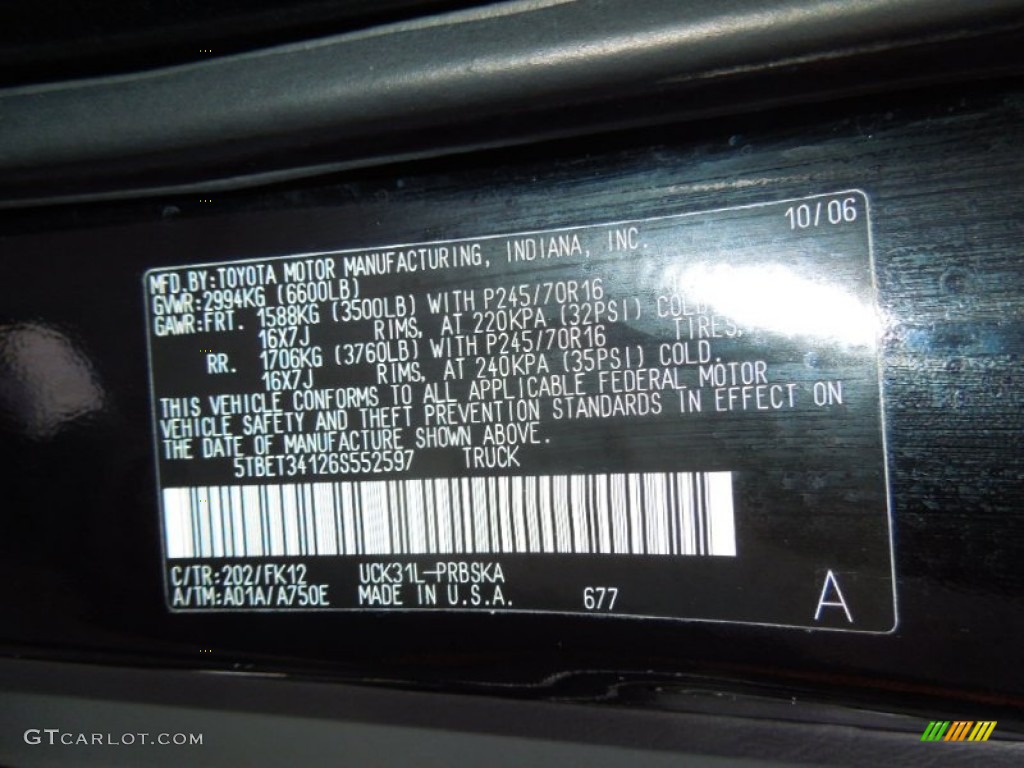 2006 Toyota Tundra SR5 X-SP Double Cab Color Code Photos