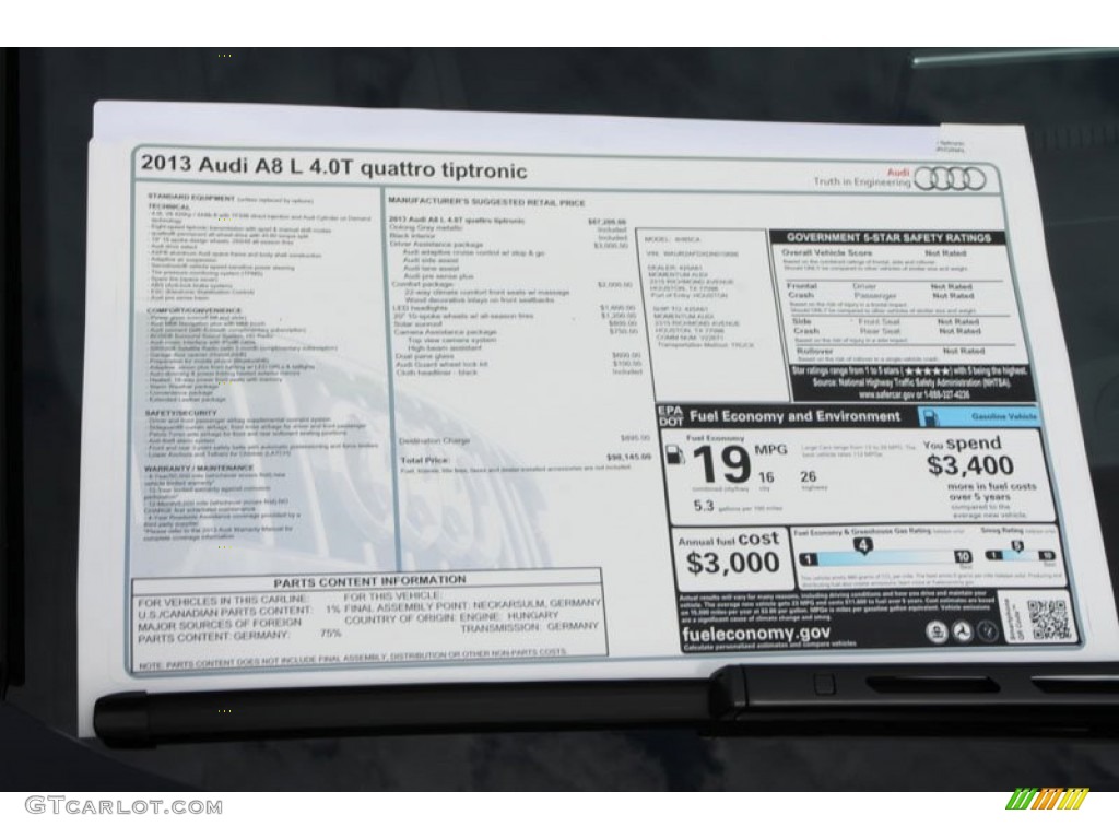 2013 Audi A8 L 4.0T quattro Window Sticker Photo #71947004