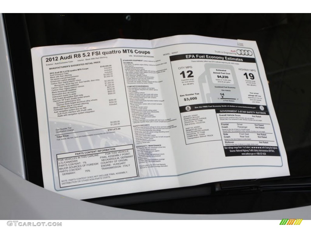 2012 Audi R8 5.2 FSI quattro Window Sticker Photo #71953725