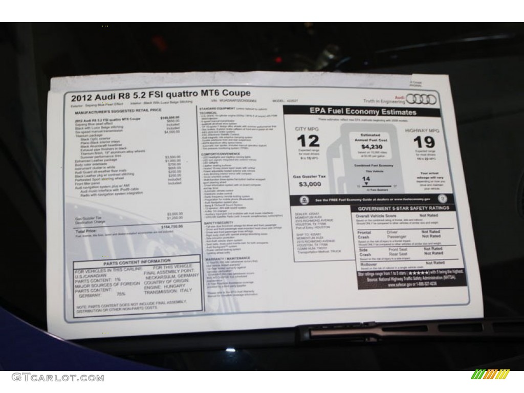 2012 Audi R8 5.2 FSI quattro Window Sticker Photo #71954401