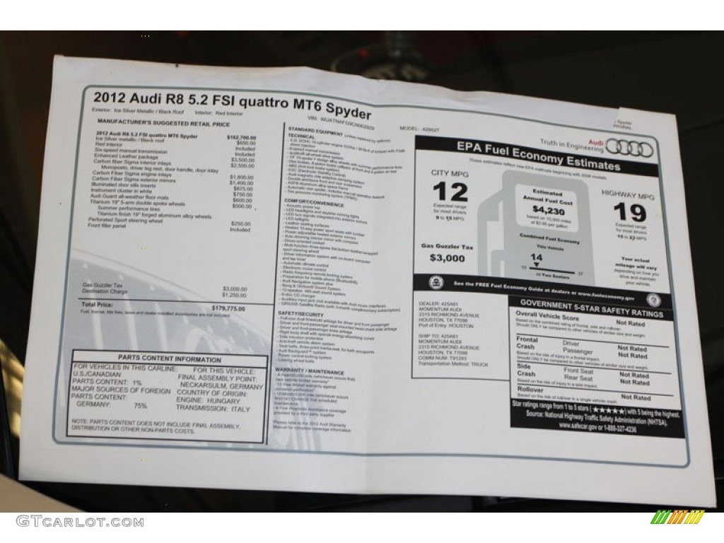 2012 Audi R8 Spyder 5.2 FSI quattro Window Sticker Photo #71955003