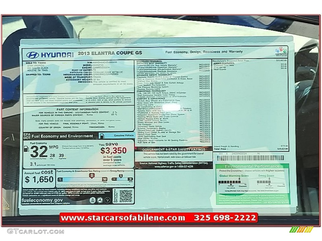 2013 Elantra Coupe GS - Titanium Gray Metallic / Gray photo #19