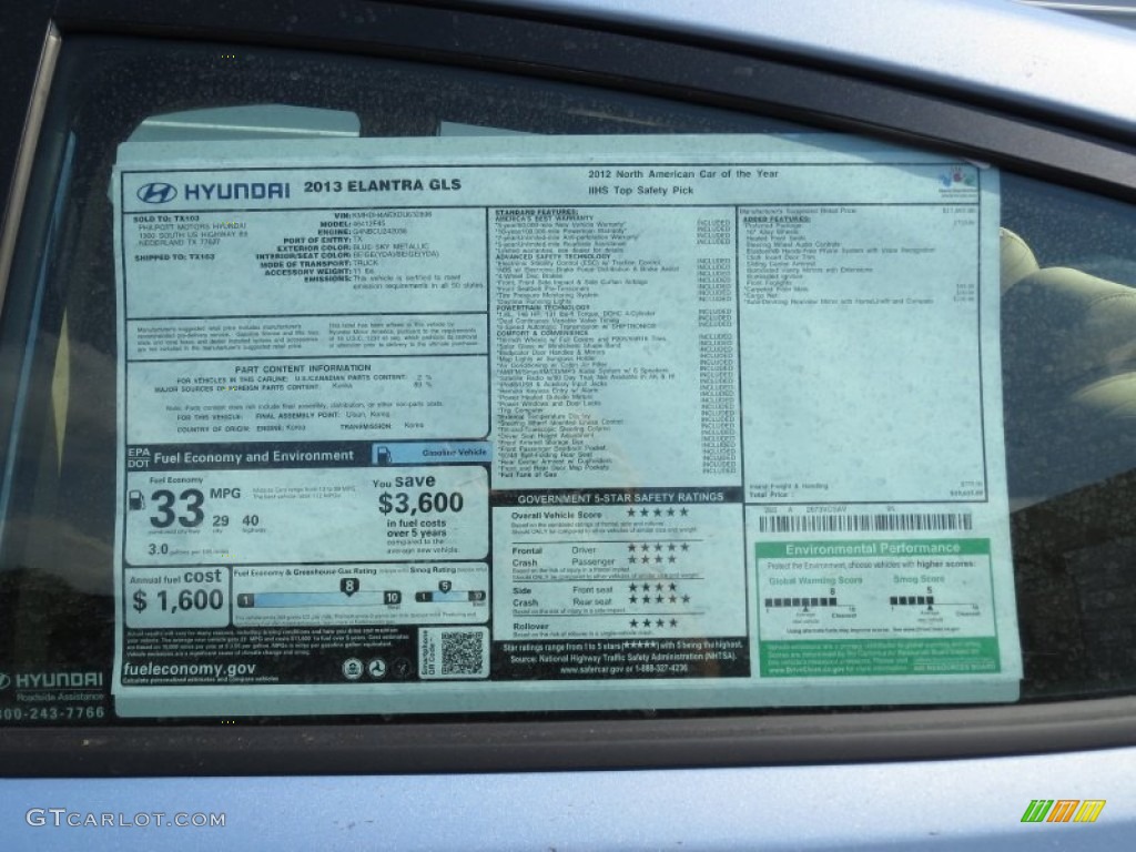 2013 Elantra GLS - Blue Sky Metallic / Beige photo #31