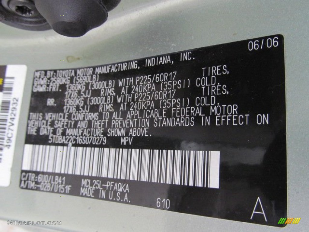 2006 Sienna Color Code 6U0 for Silver Pine Mica Photo #71998272