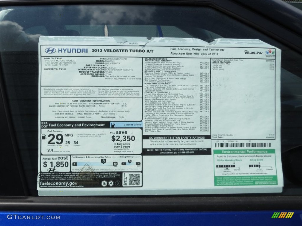 2013 Hyundai Veloster Turbo Window Sticker Photo #71998773