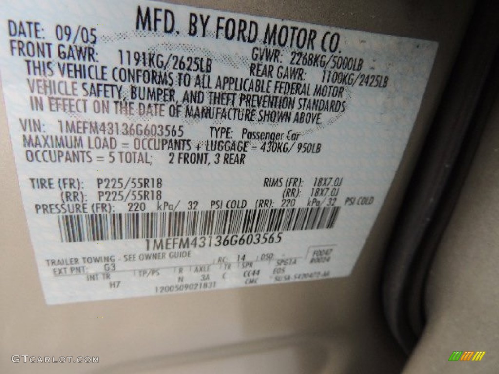 2006 Mercury Montego Premier AWD Color Code Photos