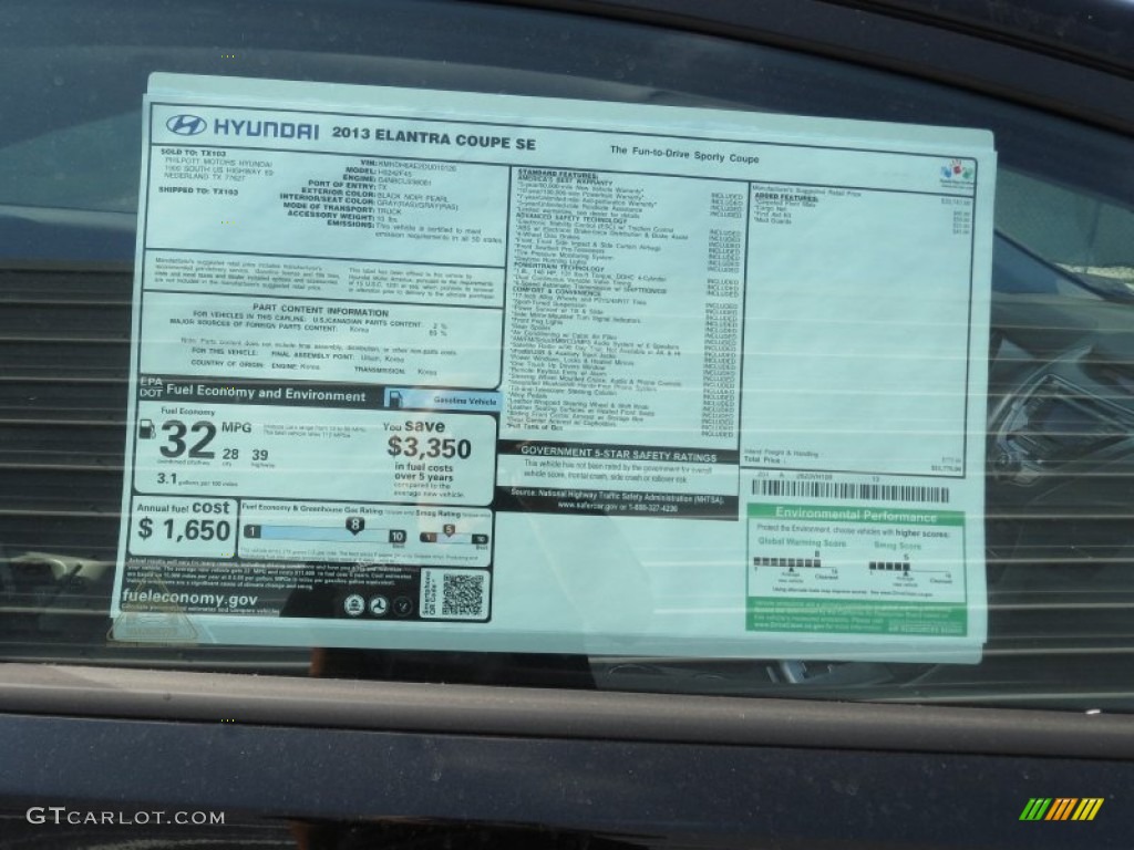 2013 Hyundai Elantra Coupe SE Window Sticker Photo #72002481