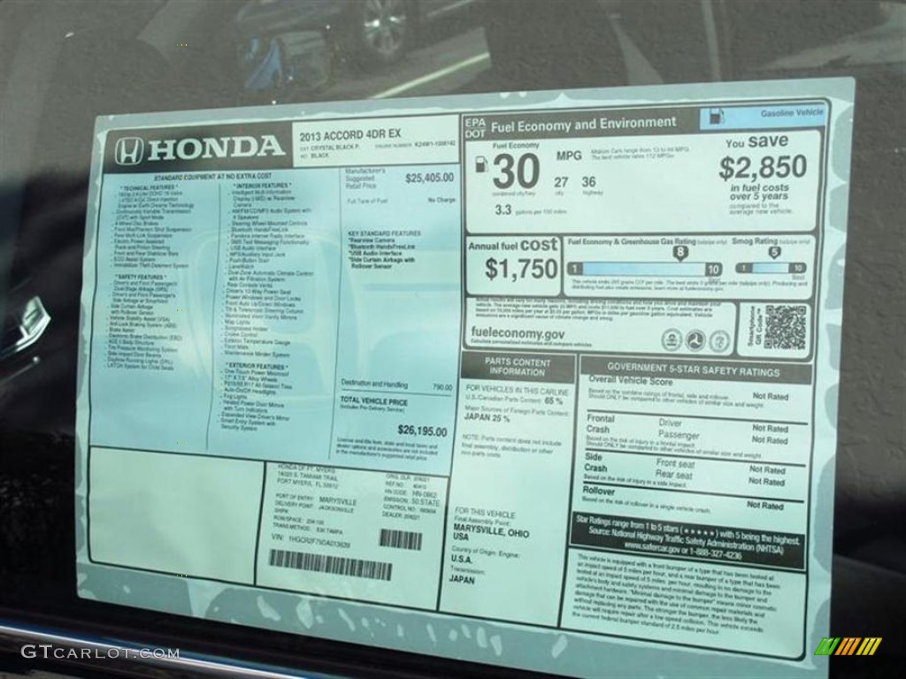 2013 Honda Accord EX Sedan Window Sticker Photo #72004545