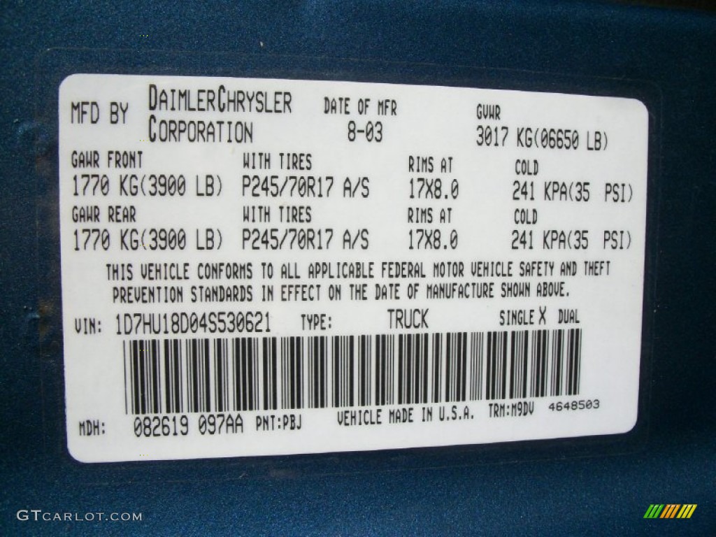 2004 Ram 1500 Color Code PBJ for Atlantic Blue Pearl Photo #72028788