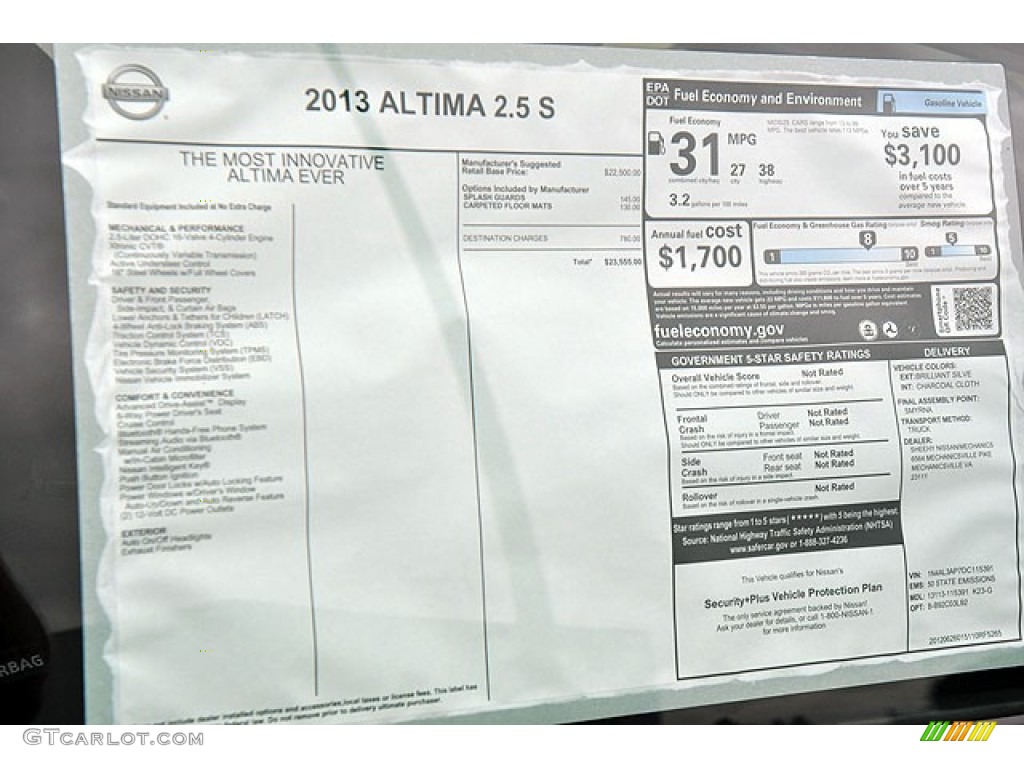 2013 Nissan Altima 2.5 S Window Sticker Photo #72041548